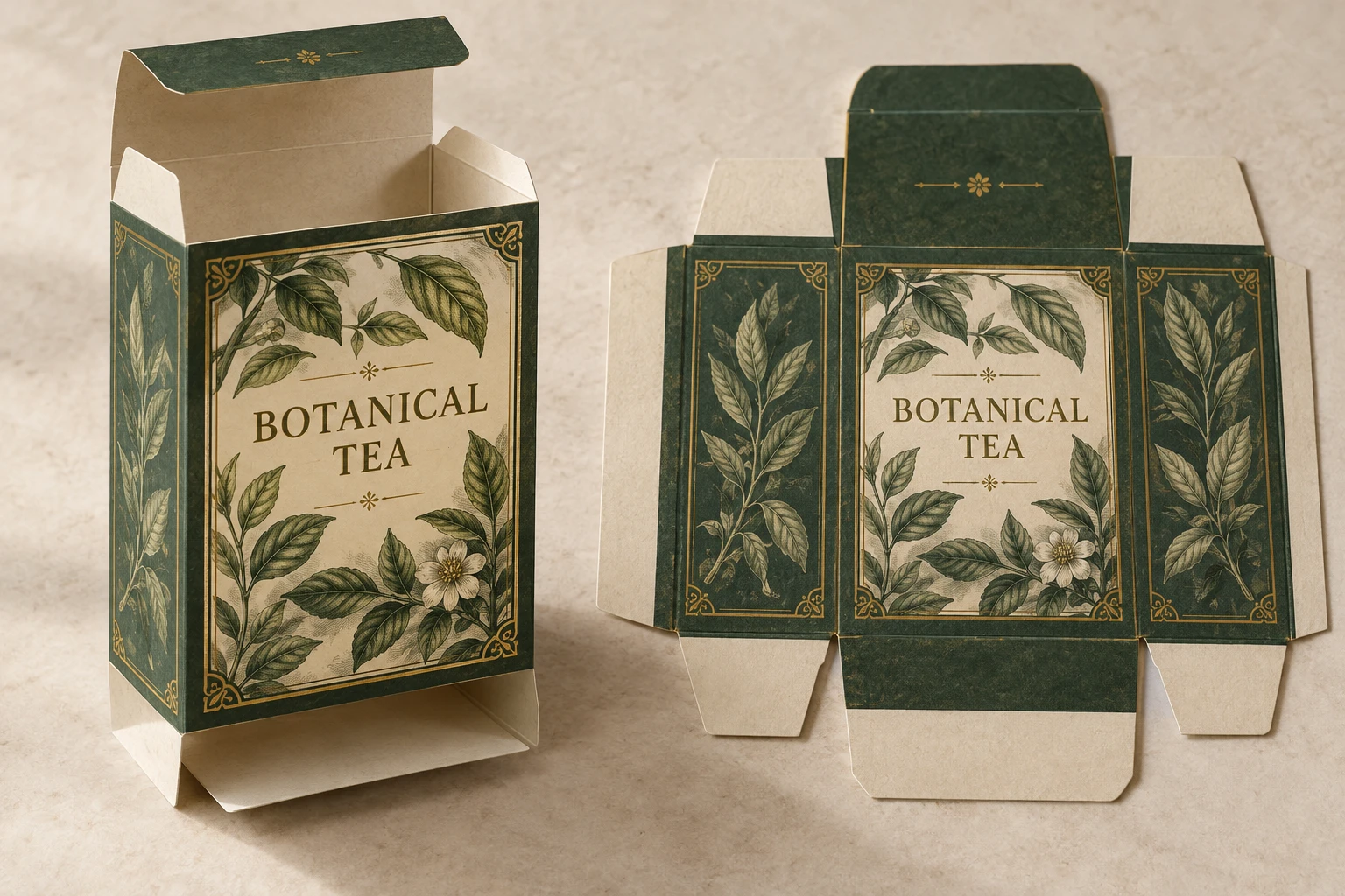 Illustrative folding carton showing tuck flaps and flattened structure