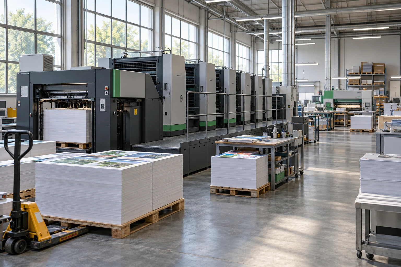 AI-generated illustration of an offset printing production floor